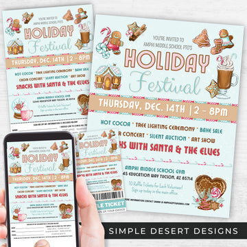 gingerbread theme holiday festival fundraiser event flyers ticket template and poster bundle for schools church and community events